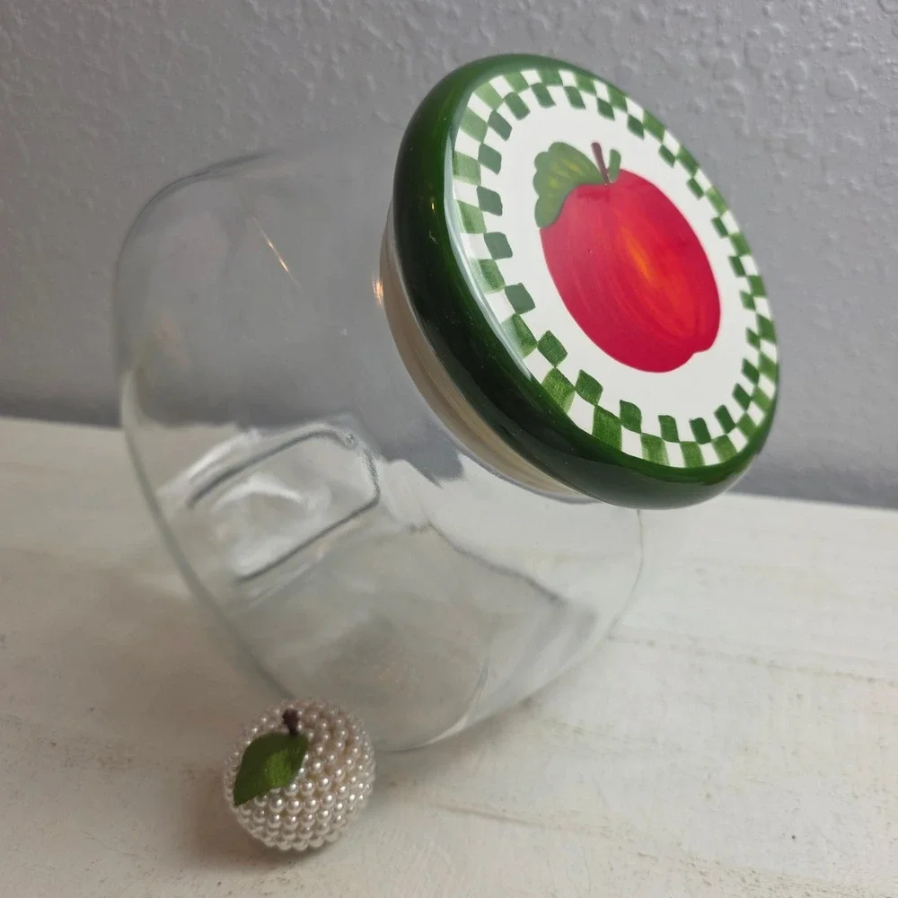 Vintage Glass Slant Cookie Jar‎ Hand Painted Apple Checkered Lid Airtight Seal